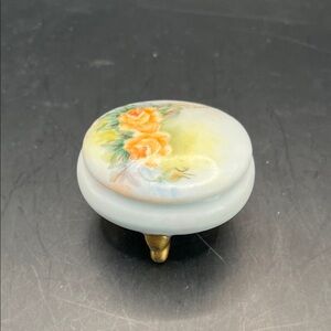 Signed Vintage Floral Ceramic Trinket Box with Gold Accents
